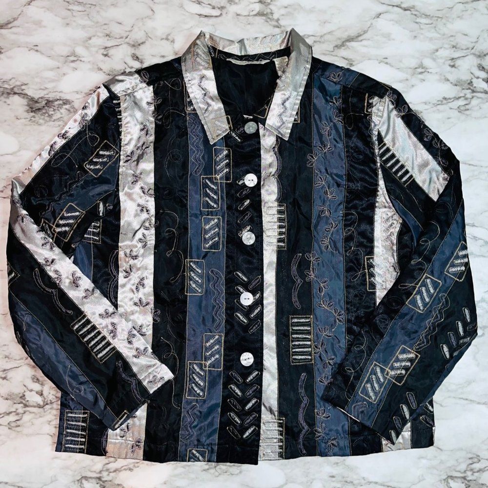 French Laundry Blazer Paneled Striped Vintage Silver Grey Women L Business Art